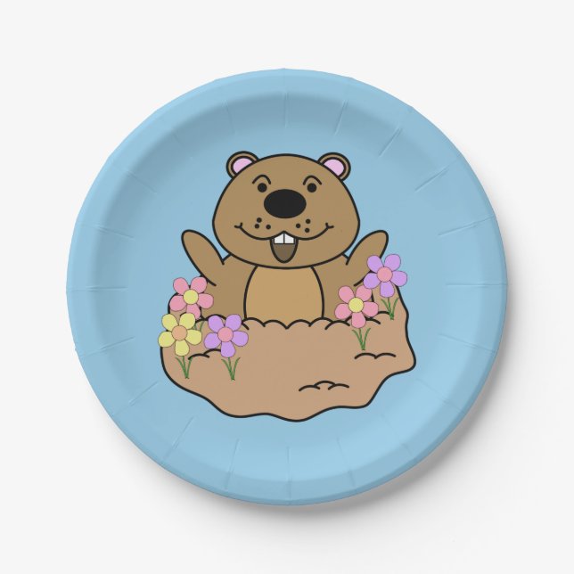 Illustration Groundhog with Flowers Paper Plate (Front)
