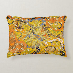 Illustration in yellow, orange and brown colours.  accent pillow