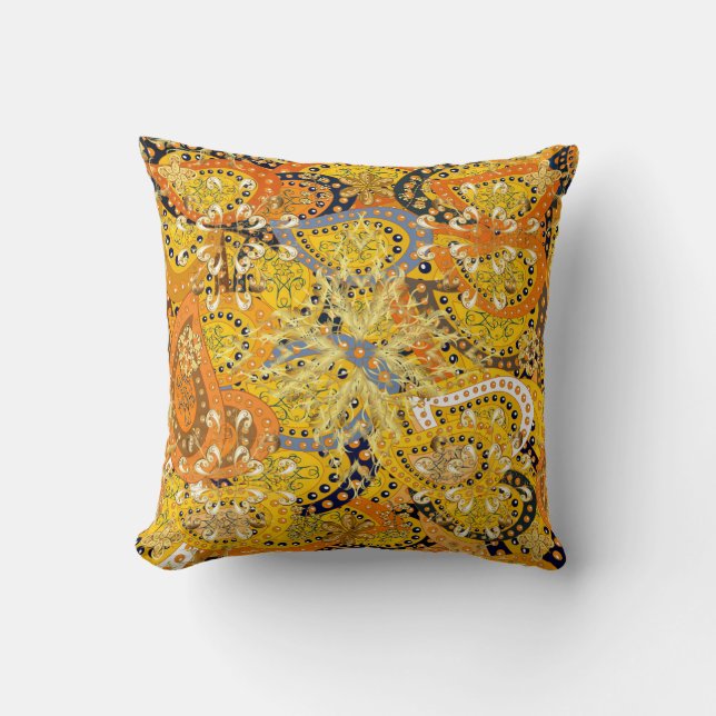 Illustration in yellow, orange and brown colours.  throw pillow (Front)
