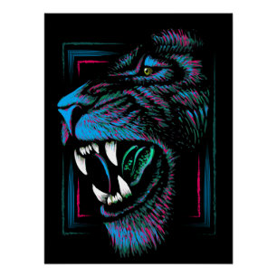 Illustration Lion bleu rose - Poster Lion brillant