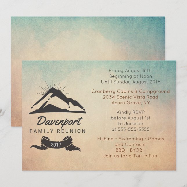 Illustration Montagne Rustique Famille Invitation  (Devant / Derrière)