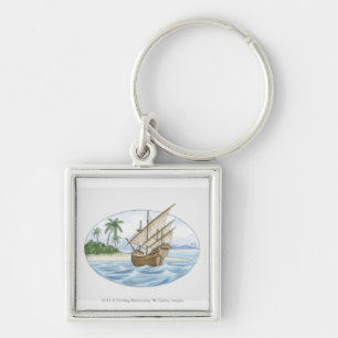 Illustration of 16th Century ship near island Keychain