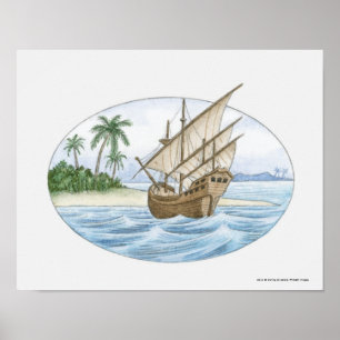 Illustration of 16th Century ship near island Poster