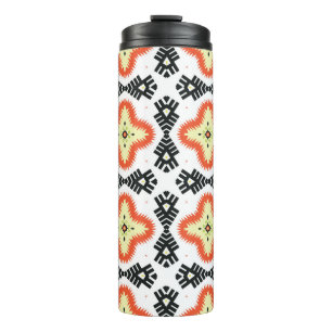 Illustration of a bright multicolored carpet with thermal tumbler