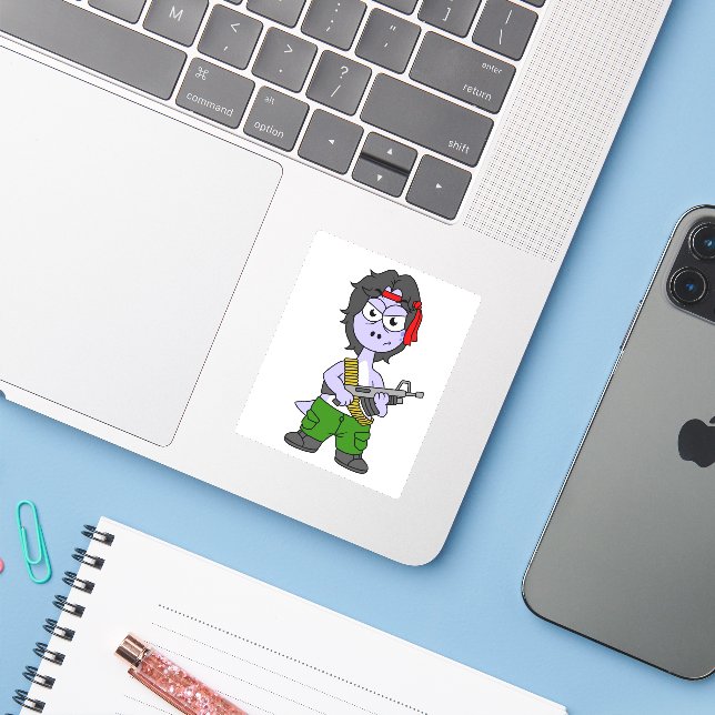 Illustration Of A Brontosaurus Dressed As Rambo. (Laptop w/ iPhone)
