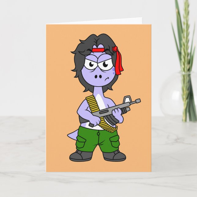 Illustration Of A Brontosaurus Dressed As Rambo. Card (Front)