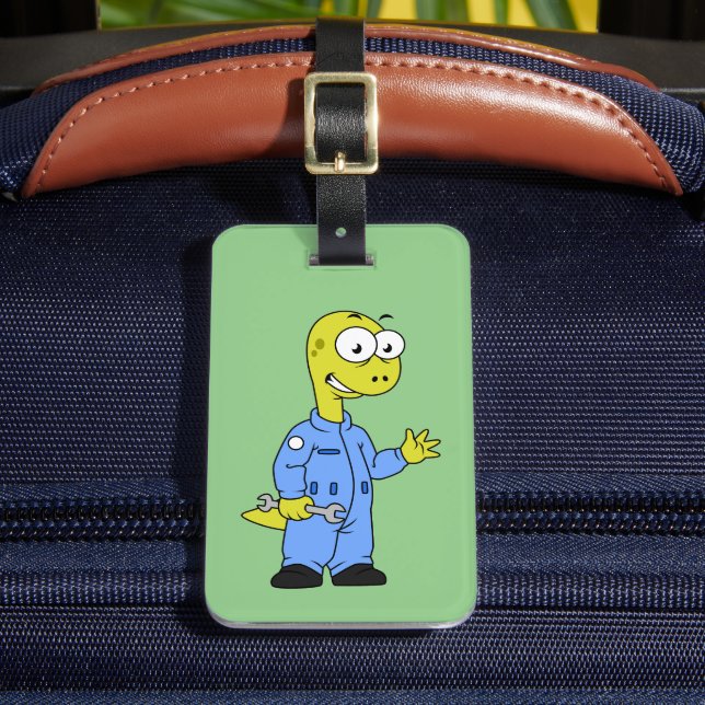 Illustration Of A Brontosaurus Mechanic. Luggage Tag (Front Insitu 2)