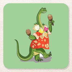 Illustration Of A Brontosaurus Playing Maracas. Square Paper Coaster