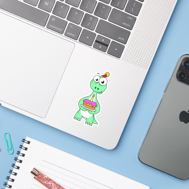 Illustration Of A Brontosaurus With Birthday Cake. (Laptop w/ iPhone)