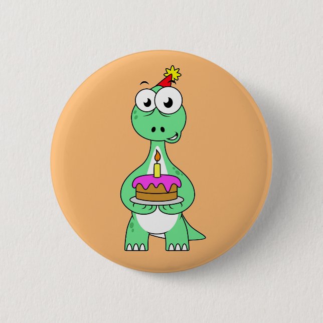Illustration Of A Brontosaurus With Birthday Cake. 2 Inch Round Button (Front)