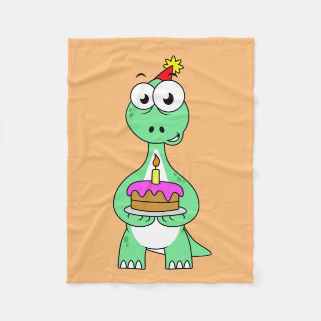 Illustration Of A Brontosaurus With Birthday Cake. Fleece Blanket (Front)