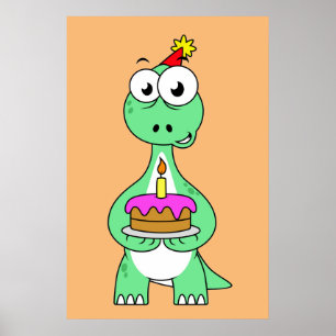 Illustration Of A Brontosaurus With Birthday Cake. Poster