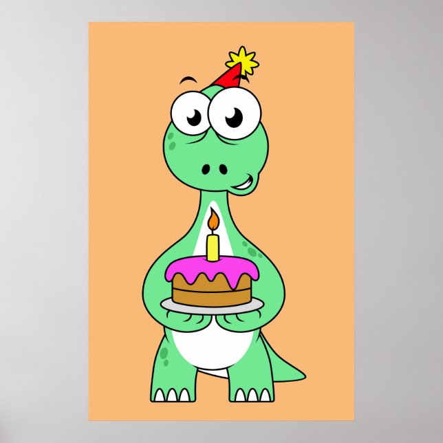 Illustration Of A Brontosaurus With Birthday Cake. Poster (Front)
