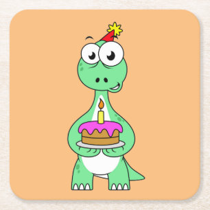 Illustration Of A Brontosaurus With Birthday Cake. Square Paper Coaster