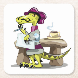 Illustration Of A Cartoon Raptor Poet Thinking. Square Paper Coaster