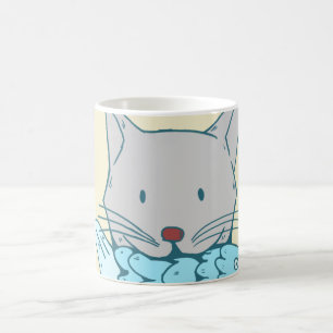 Illustration of a cat eating fish. coffee mug