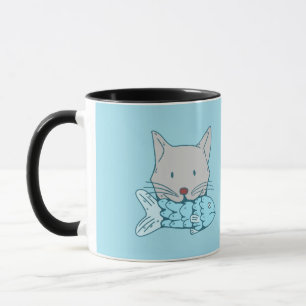 Illustration of a cat eating fish. mug