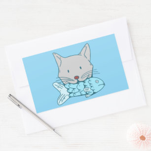 Illustration of a cat eating fish. sticker