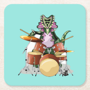 Illustration Of A Chasmosaurus Playing The Drums. Square Paper Coaster