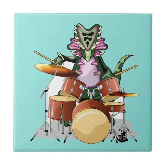 Illustration Of A Chasmosaurus Playing The Drums. Tile (Front)