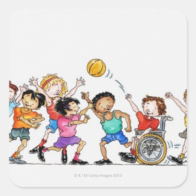 Illustration of a group of children including a square sticker (Front)