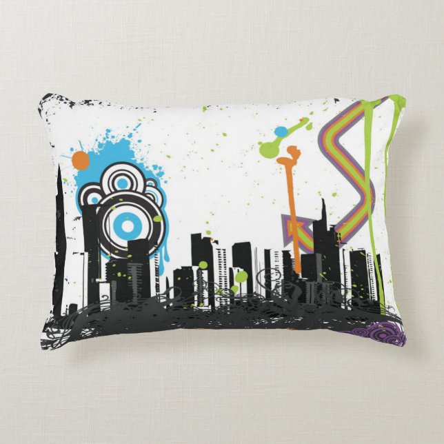 Illustration of a grungy cityscape accent pillow (Front)