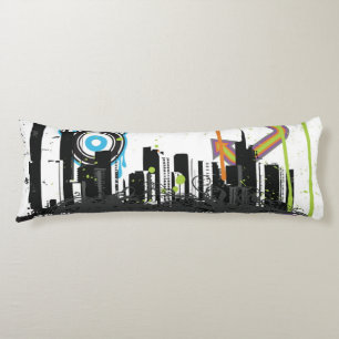 Illustration of a grungy cityscape body pillow
