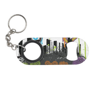 Illustration of a grungy cityscape mini bottle opener