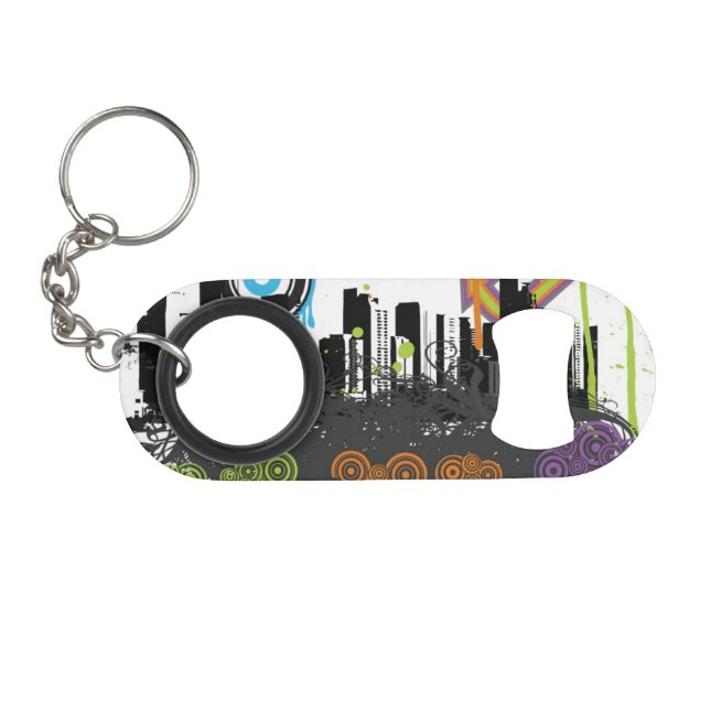 Illustration of a grungy cityscape mini bottle opener (Front (Horizontal))