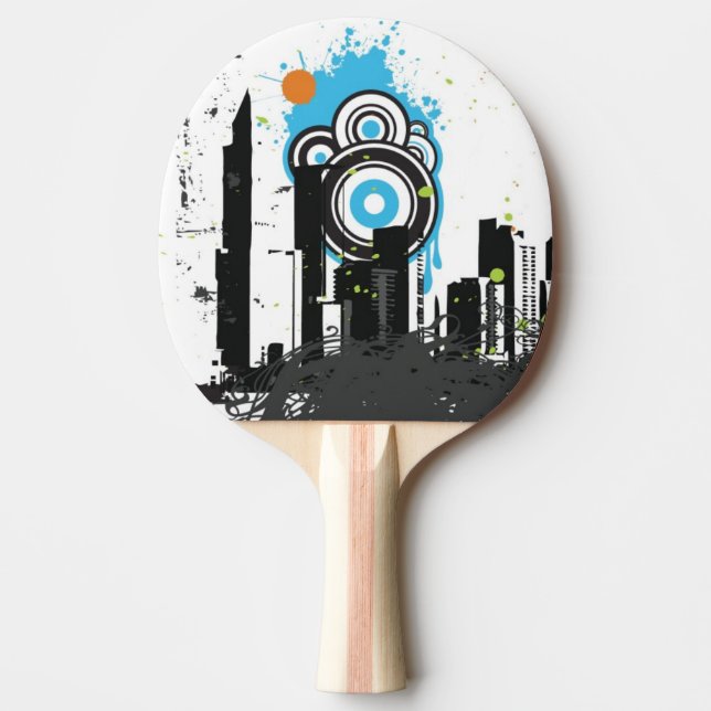 Illustration of a grungy cityscape ping pong paddle (Front)