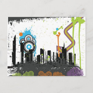 Illustration of a grungy cityscape postcard