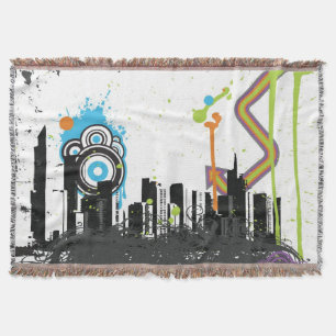 Illustration of a grungy cityscape throw blanket