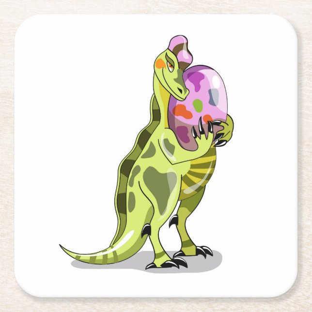 Illustration Of A Lambeosaurus Holding An Egg. Square Paper Coaster (Front)