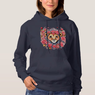 Illustration of a lion with pink roses hoodie