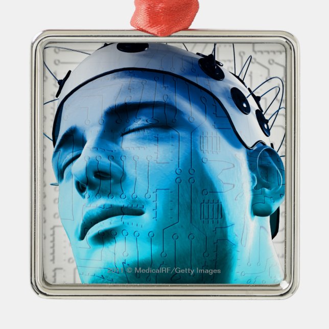 Illustration of a man wearing a cap of electrodes metal ornament (Front)