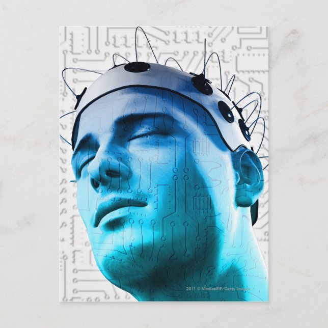 Illustration of a man wearing a cap of electrodes postcard (Front)