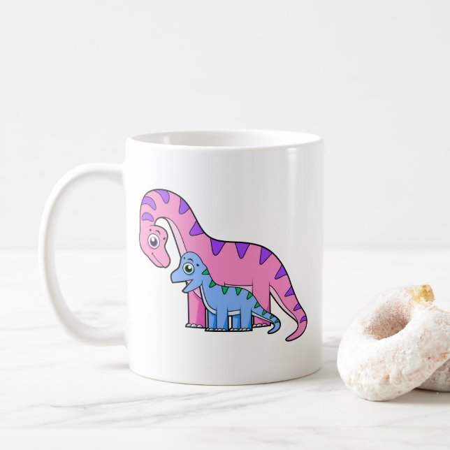 Illustration Of A Mother And Child Brachiosaurus. Coffee Mug (With Donut)