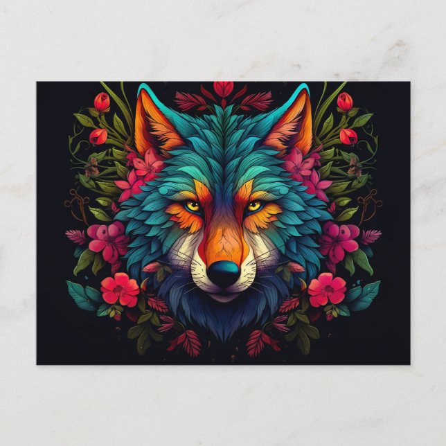 Illustration of a mystical wolf with flowers postcard (Front)