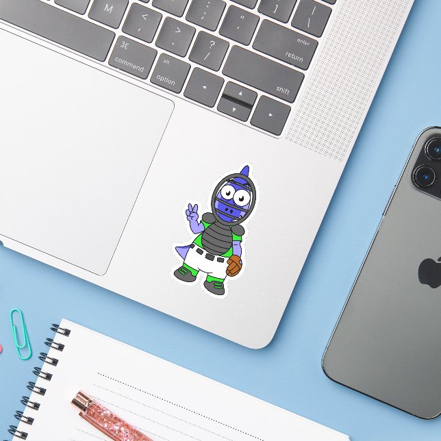 Illustration Of A Parasaurolophus Baseball Catcher (Laptop w/ iPhone)