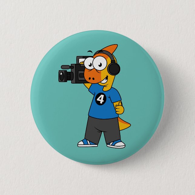 Illustration Of A Parasaurolophus Camera Operator. 2 Inch Round Button (Front)