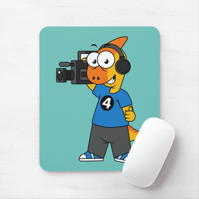 Illustration Of A Parasaurolophus Camera Operator. Mouse Pad (With Mouse)