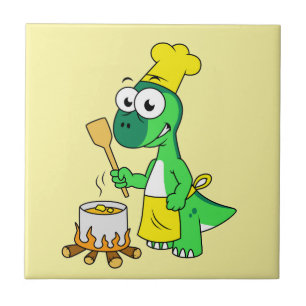 Illustration Of A Parasaurolophus Dinosaur Cooking Tile