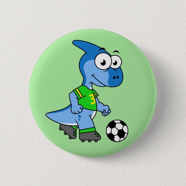 Illustration Of A Parasaurolophus Playing Soccer. 2 Inch Round Button (Front)