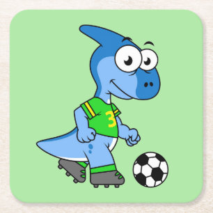 Illustration Of A Parasaurolophus Playing Soccer. Square Paper Coaster