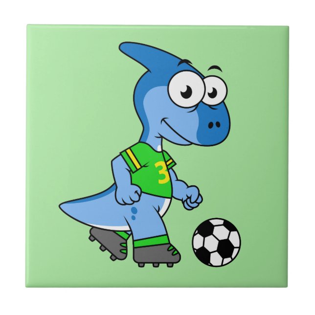 Illustration Of A Parasaurolophus Playing Soccer. Tile (Front)
