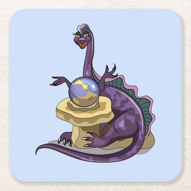 Illustration Of A Plateosaurus Fortune Teller. Square Paper Coaster (Front)
