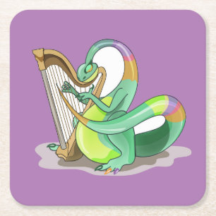 Illustration Of A Plateosaurus Playing The Harp. Square Paper Coaster