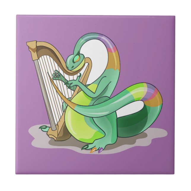 Illustration Of A Plateosaurus Playing The Harp. Tile (Front)