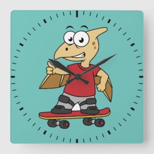 Illustration Of A Pterosaur Skateboarding. Square Wall Clock