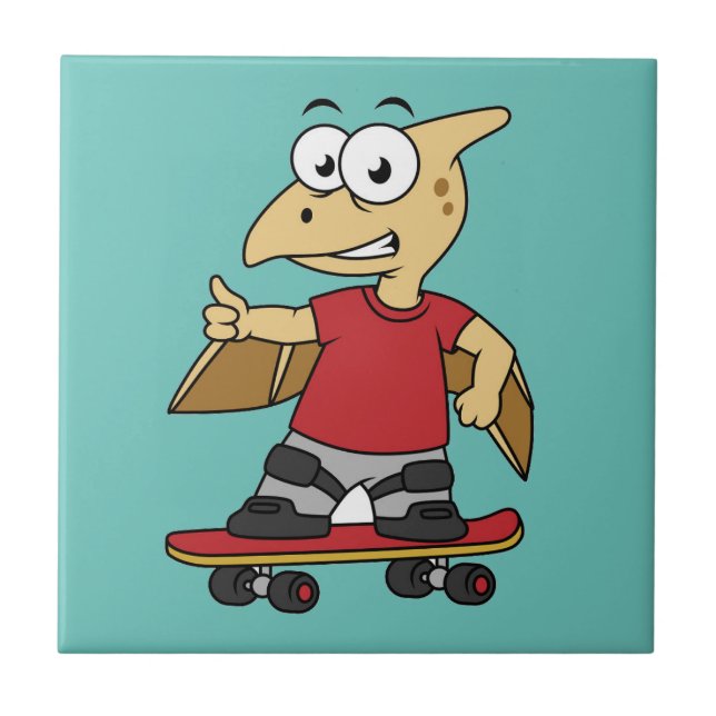 Illustration Of A Pterosaur Skateboarding. Tile (Front)